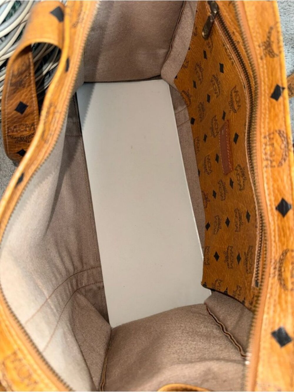 MCM Cognac Large Monogram Logo-Print Leather Shoulder Bag Tote Travel - Picture 8 of 9